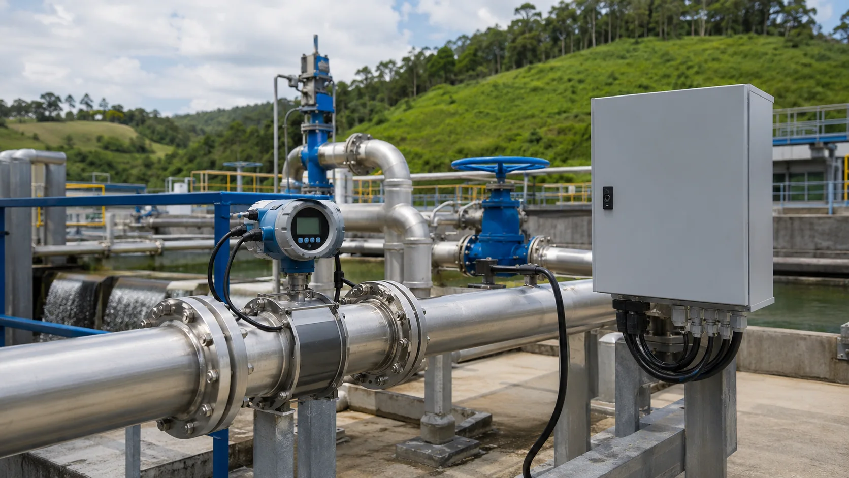 Infraestrutura industrial de água com ponto de medição e telemetria